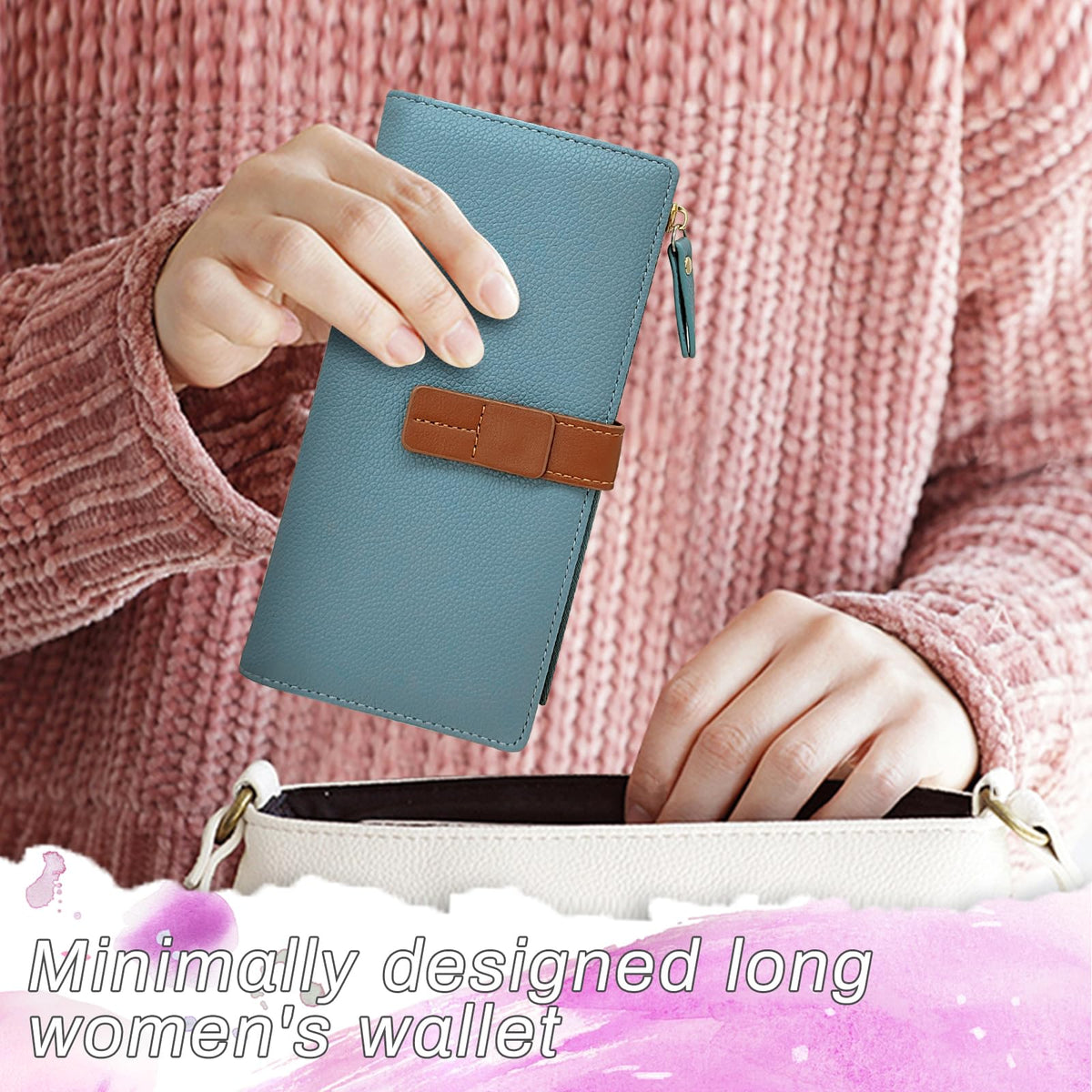 Women Wallet, PU Material Long Wallets for Women, Multiple Compartments Women Credit Card Holder with Zipper, Fashionable Slim Women Wallet for Travelling, Dating, Shopping, Blue, 7.4 x 3.9 x 0.7