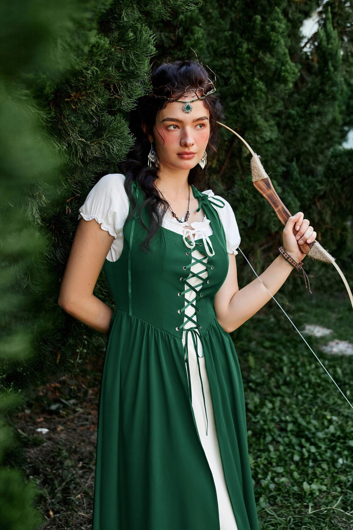 SCARLET DARKNESS Women 2Pcs Renaissance Maxi Dresses Off Shoulder Short Sleeve Lace-up Irish Costume with Over Dress