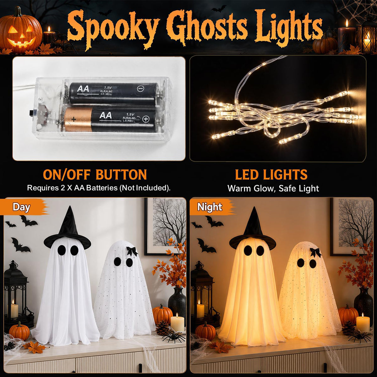 2 Pack Halloween Decorations Indoor & Outsoor, Spooky Light Up Ghost with Witch Hat, Glowing Ghost Table Decor with Sparkling Tulle & Elegant Bow, Halloween Decor for Table, Fireplace, Kitchen, Office