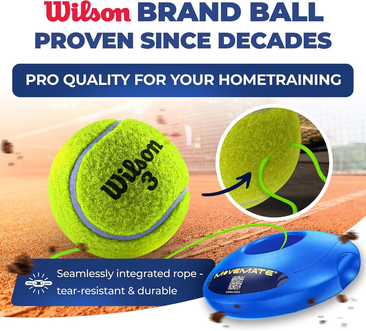 MOVEMATE Tennis-Trainer Set with Wilson® Tennis Ball | Innovative ball game for outdoors, in the garden, in the park for children & adults | Incl. transport bag & exercise videos