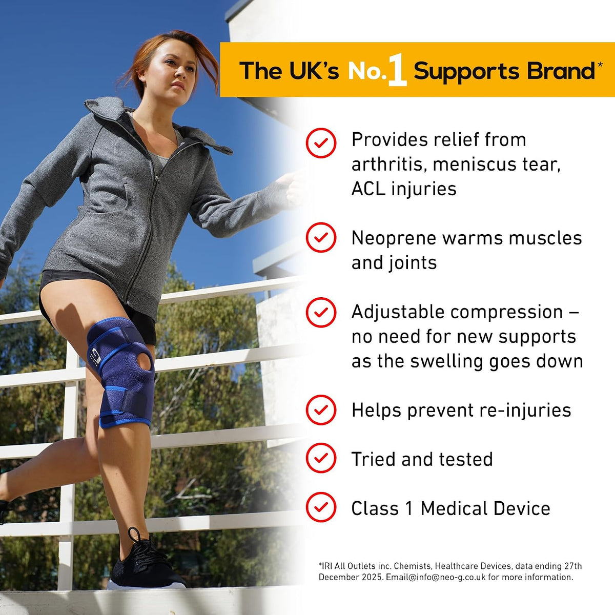 Neo-G Knee Support Open Patella Brace – Adjustable Compression – ONE SIZE