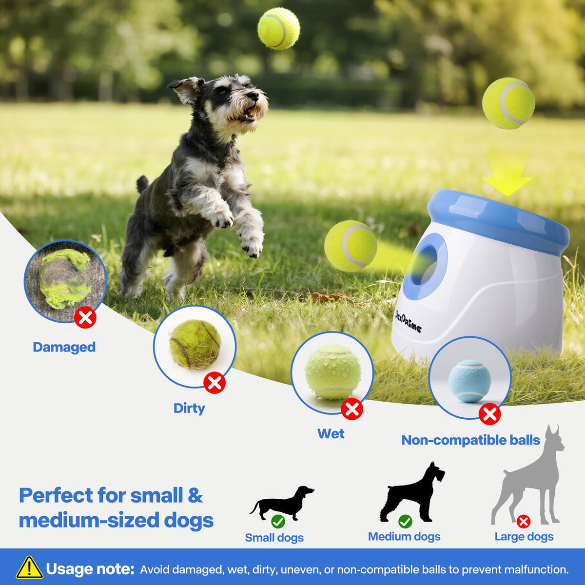 Pet Prime Automatic Dog Ball Launcher for Large Breed, Rechargeable Interactive Ball Thrower Toy with 10-40Ft, Fetch Machine with 6 Durable 2.5" Tennis Balls & Dog Whistle