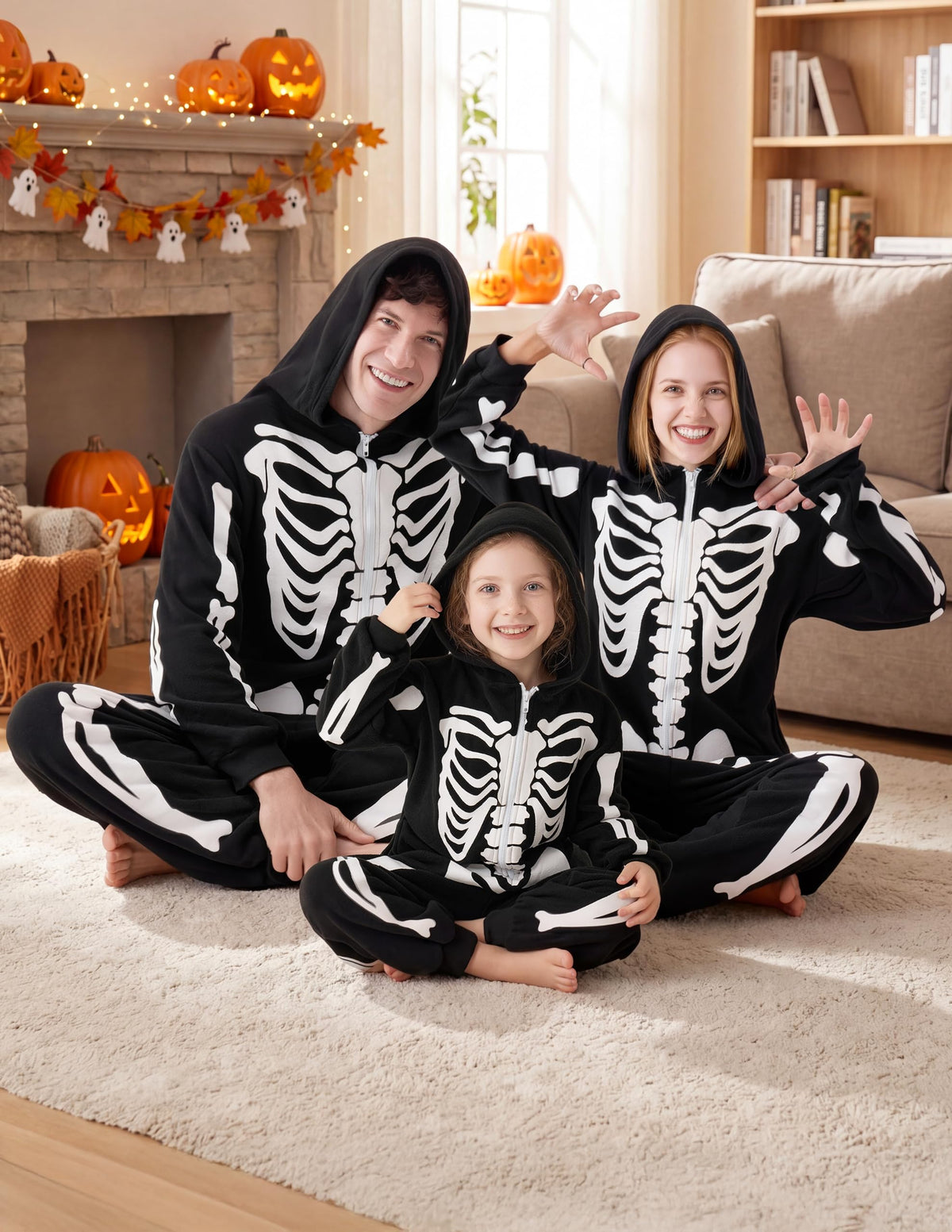 Spooktacular Creations Unisex Skeleton Jumpsuit - Plush Skeleton Zippered Halloween Hoody for Adult Sleepwear Costume