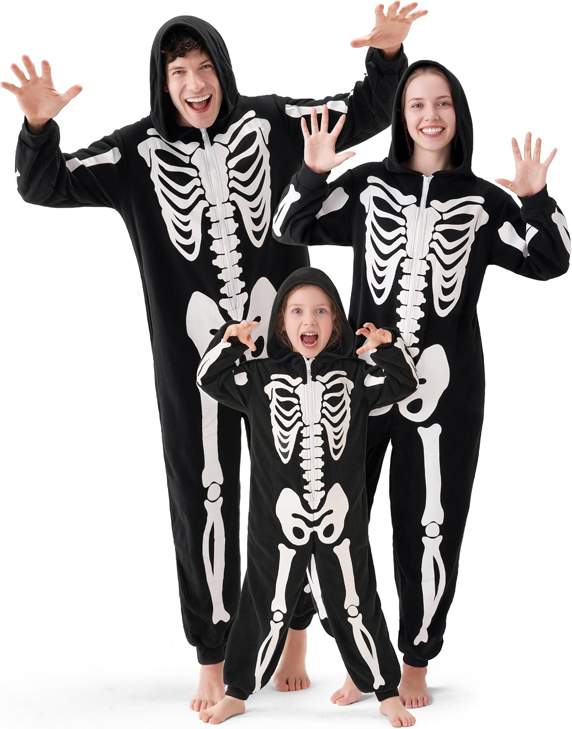 Spooktacular Creations Unisex Skeleton Jumpsuit - Plush Skeleton Zippered Halloween Hoody for Adult Sleepwear Costume