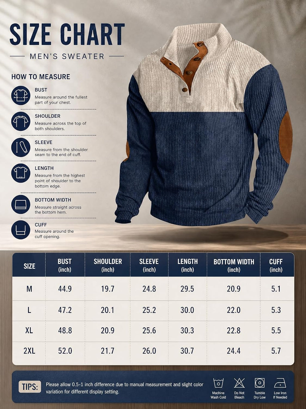 Retro Colorblock Knitted Ribbed Sweater, Neutral Tones,Men's Casual Warm Stand Collar Pullover Sweater for Fall Winter,Blue