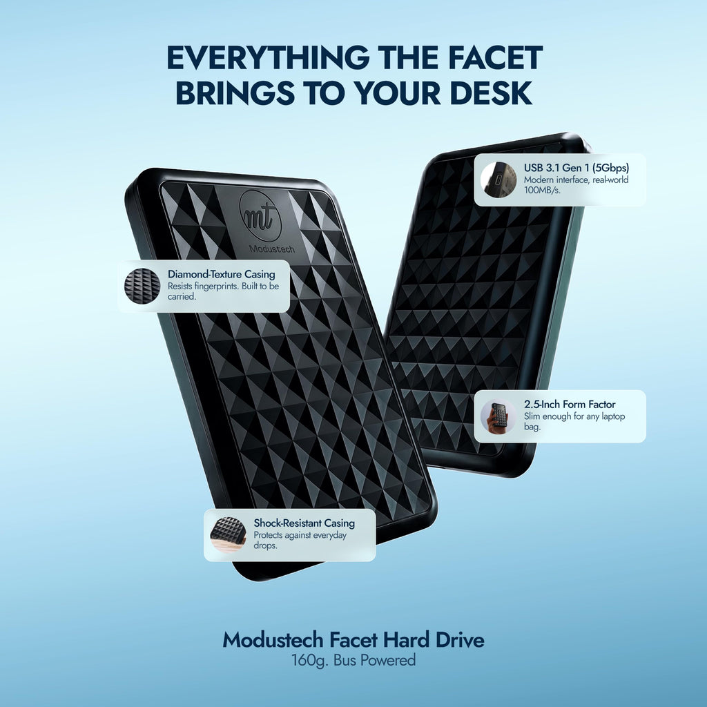 ModusTech Facet 1TB External Hard Drive Portable USB-C/USB 3.1 — Ultraslim HDD for Backup, Gaming, PC, Mac, Laptop, PS4, Xbox, Smart TV (Black)