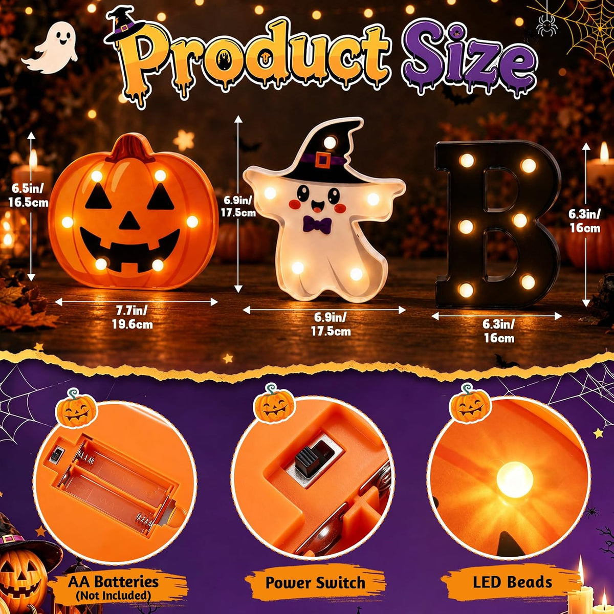 3 Pack 6.5 In Halloween Cute BOO Pumpkin Ghost Light up Letters Sign