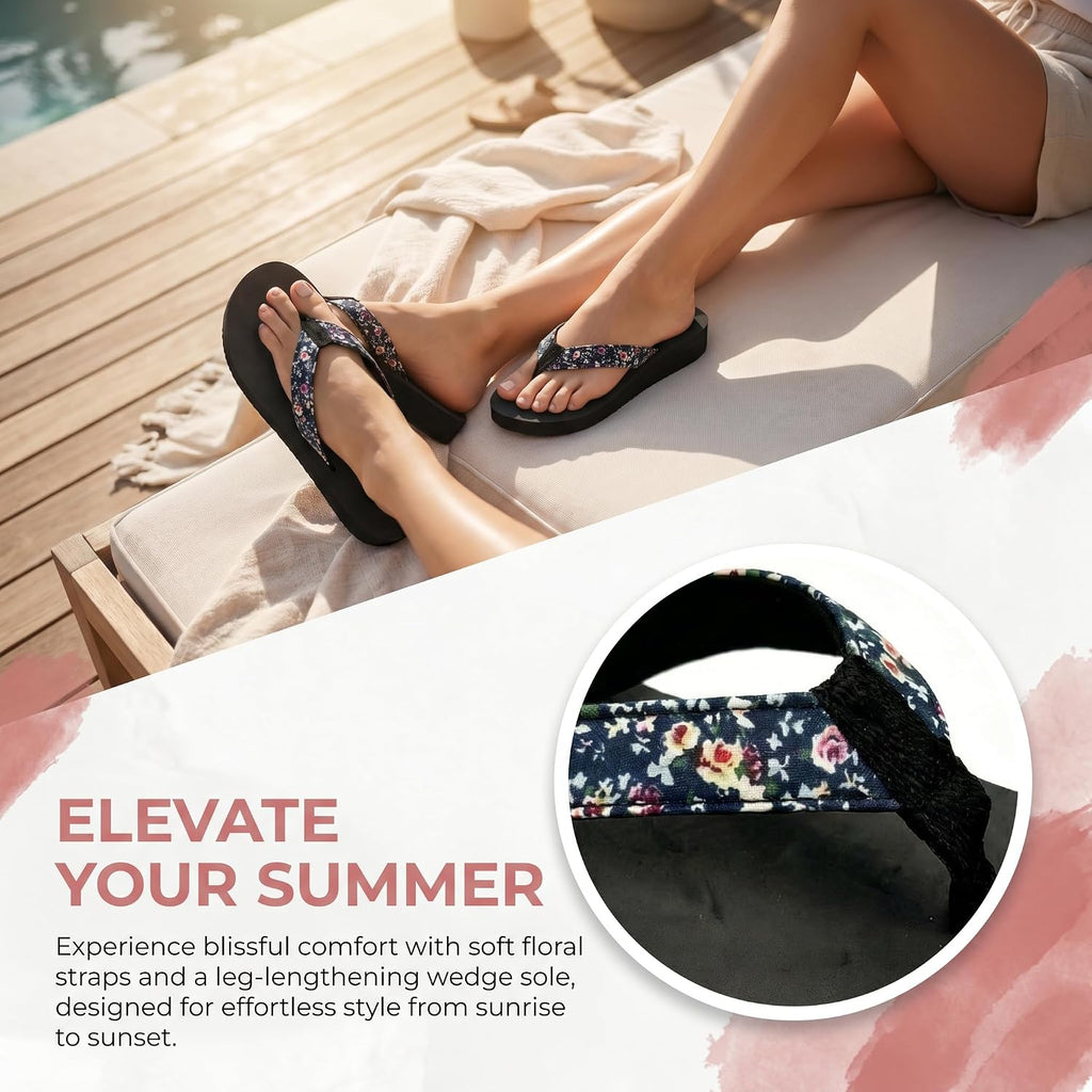 Flower Flip Flops for Women, Floral Platform Summer Sandals, Comfort Beach Shoes, Stylish Wedge Thong Sandals for Outdoor