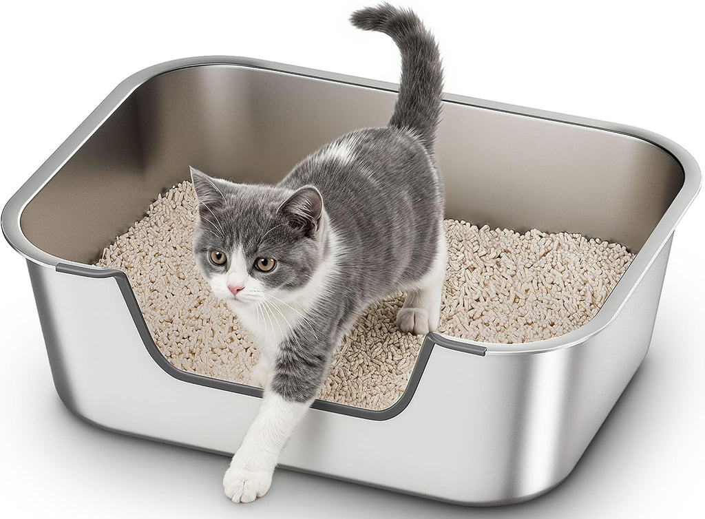 Stainless Steel Cat Litter Tray with Low Entry, Metal Cat Litter Box for Senior or Injured Cats, XXL Large Cats Toilet for Small Large Pets, Odour-Free, Non-Stick, Easy to Clean, 17.5"L×13.6"W×5.9"H