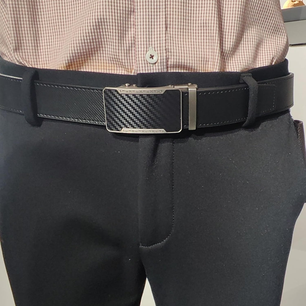 Men's Adjustable Leather Belt Strap & Zinc Alloy Automatic Ratchet Buckle, Customizable for Business Casual & Formal Wear