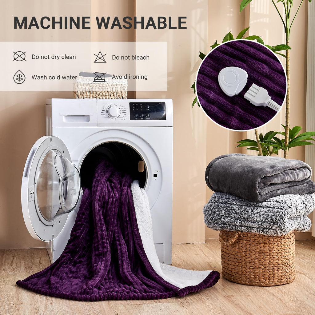 Heated Blanket Throw 130×160cm Electric Blanket, 10 Heating Settings, 1-8h Timer overheat Protection, Machine Washable, Flannel & Sherpa Full Body Warming, Electric Throw Blanket for Sofa