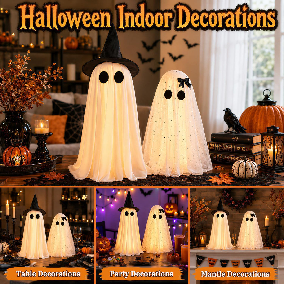 2 Pack Halloween Decorations Indoor & Outsoor, Spooky Light Up Ghost with Witch Hat, Glowing Ghost Table Decor with Sparkling Tulle & Elegant Bow, Halloween Decor for Table, Fireplace, Kitchen, Office
