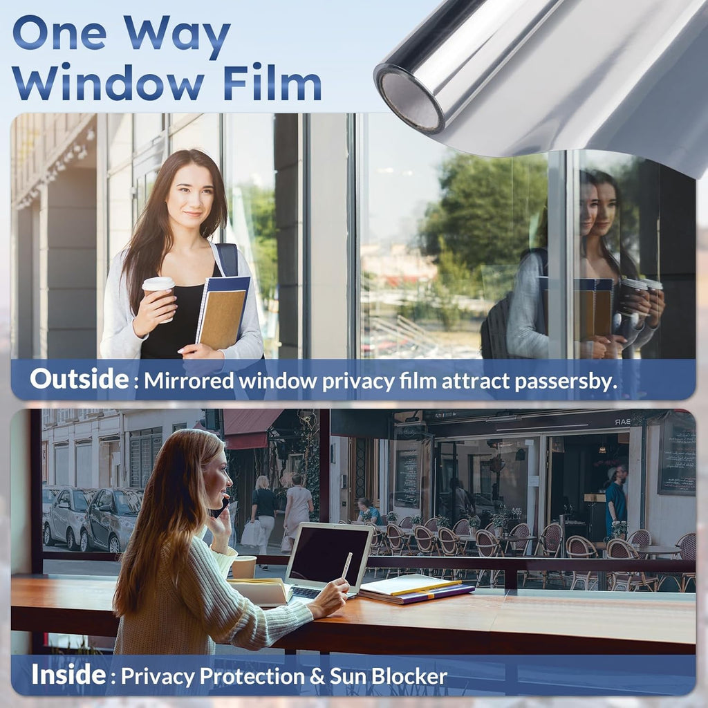 Home Window Privacy Film One Way Mirror 75x400cm Silver Heat Control Adhesive