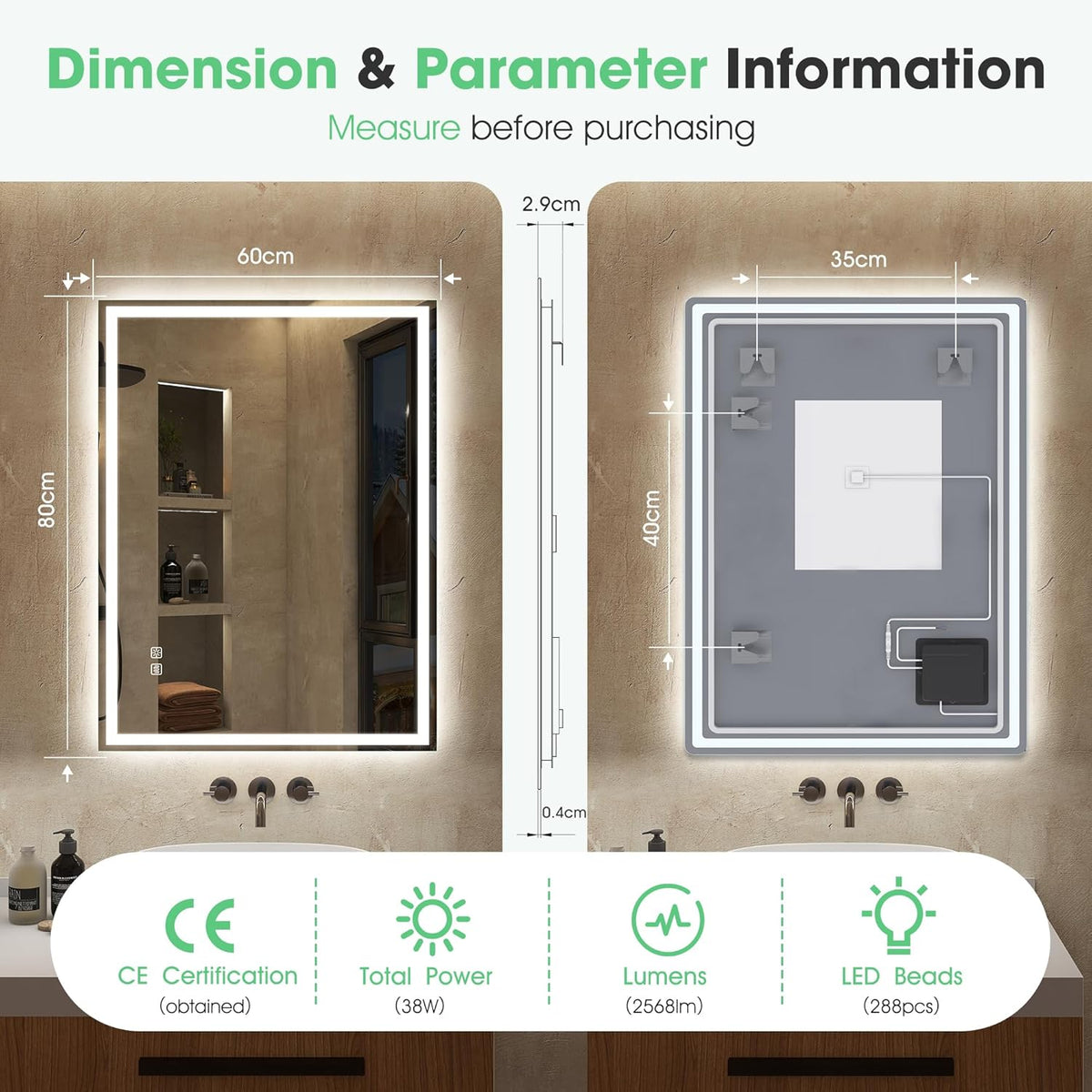 Bathroom LED Mirror 800x600 Anti Fog Dimmable IP44 Memory S'bagno