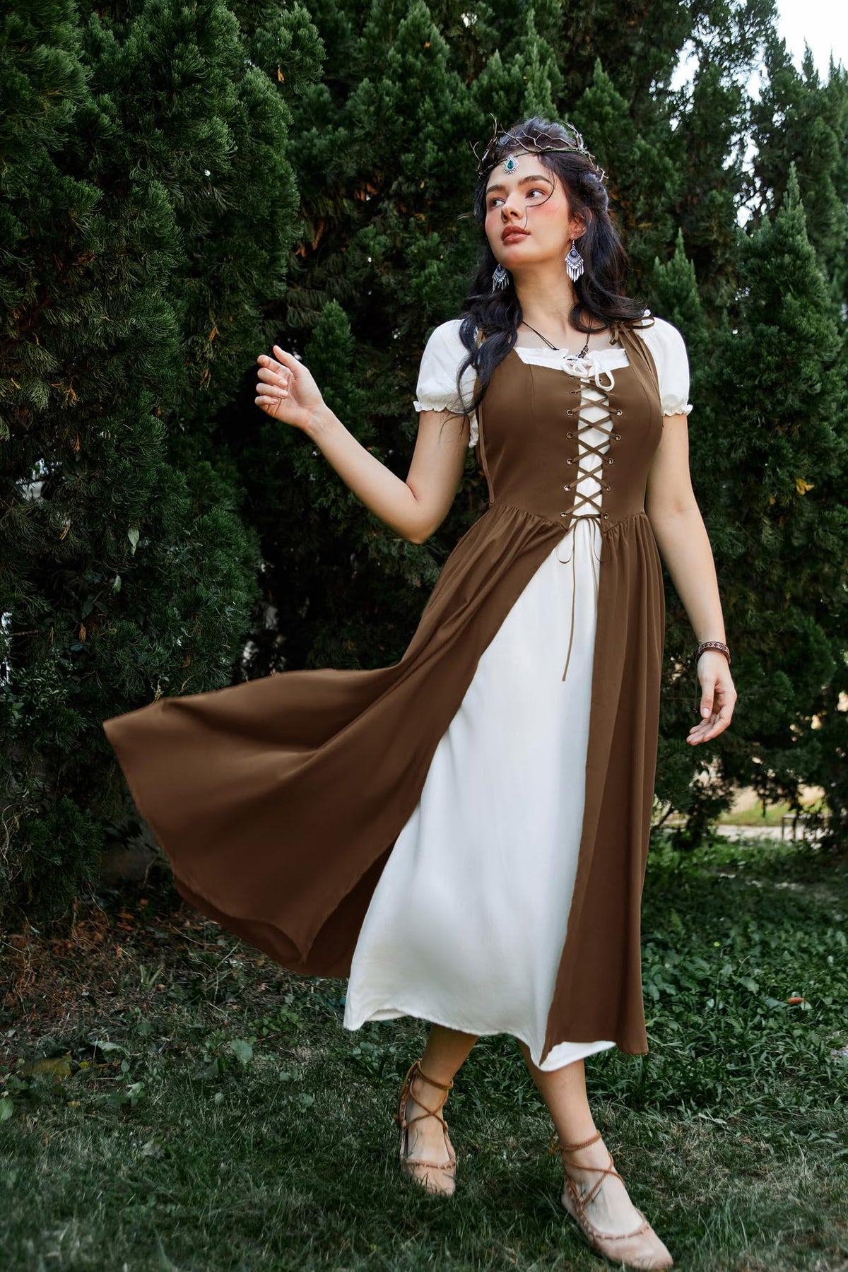SCARLET DARKNESS Women 2Pcs Renaissance Maxi Dresses Off Shoulder Short Sleeve Lace-up Irish Costume with Over Dress