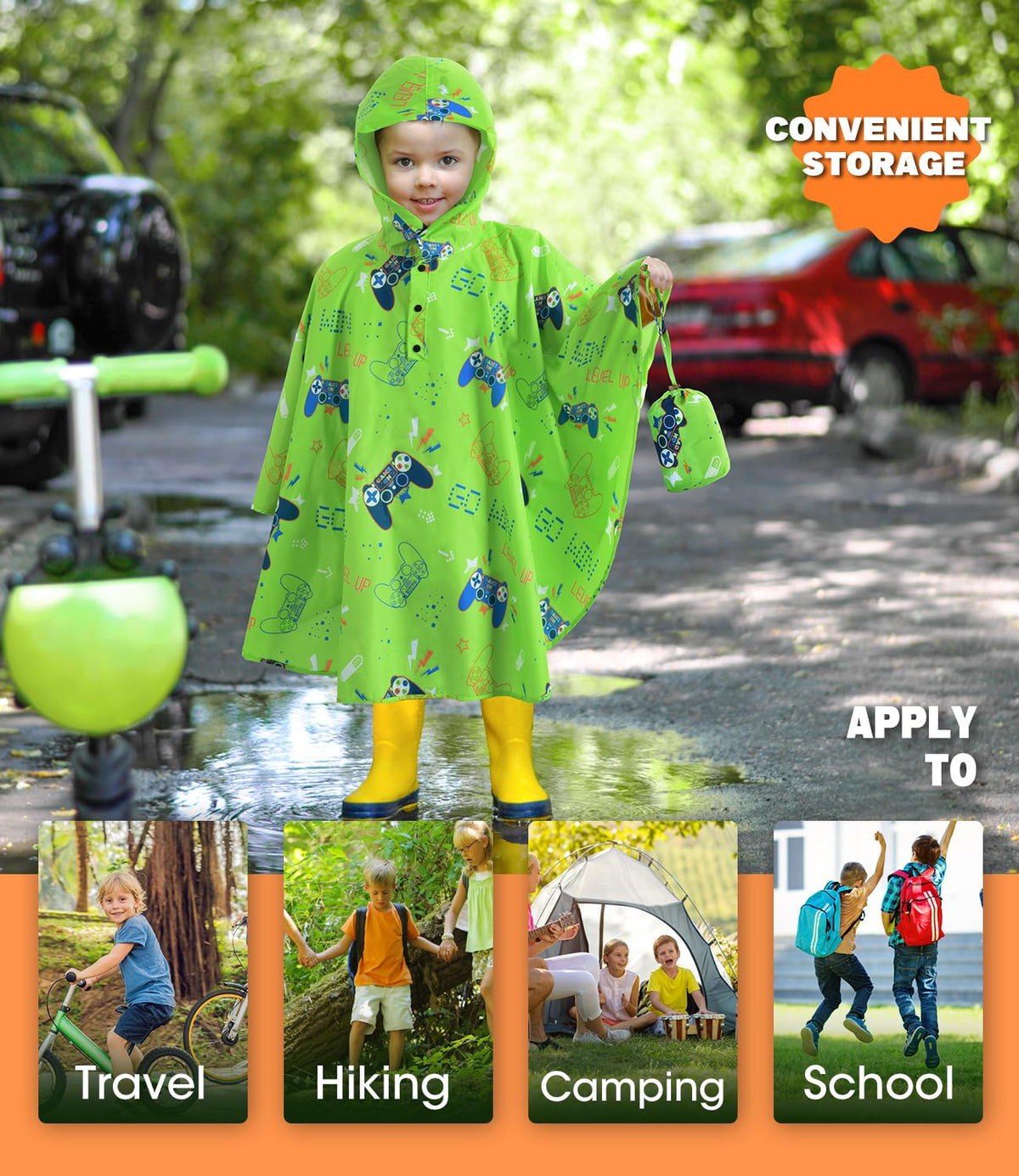 WAWSAM Kids Rain Poncho Waterproof Boys Girls Portable Raincoat Rain Jacket Lightweight Rainwear