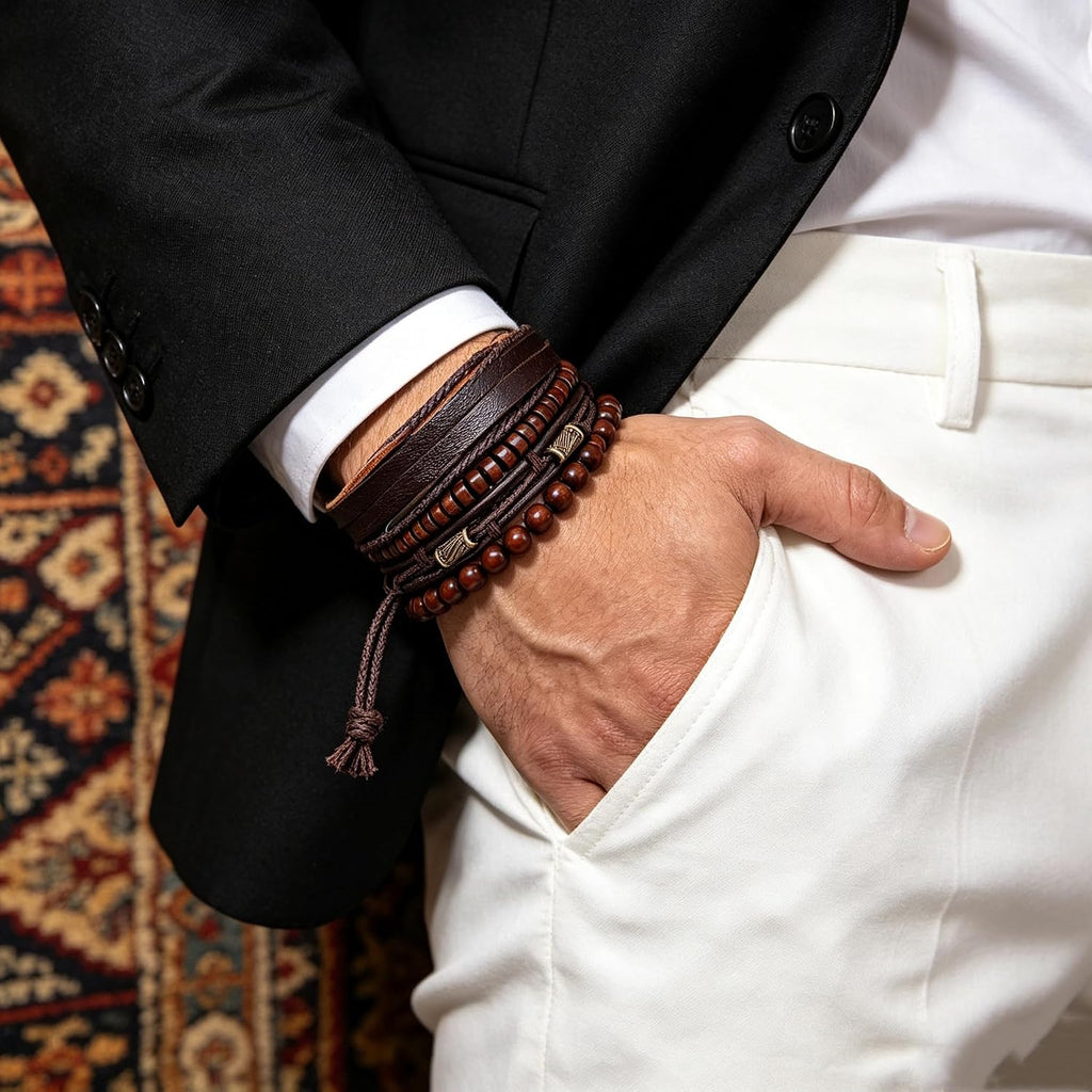 Braided Leather And Wood Bead Bracelet Set for Men Women ，Beads Cuff Bracelet Hemp Cords Ethnic Tribal，Wristband Stackable Bracelets Set Adjustable，Fashion Jewelry， Daily Wear And Party, Gift for He