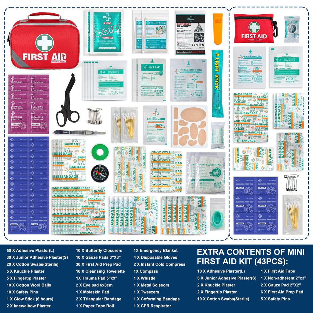 General Medi Mini First Aid Kit, 92 Pieces Small First Aid Kit - Includes Emergency Foil Blanket, Scissors for Travel, Home, Office, Vehicle, Camping, Workplace & Outdoor (Red)