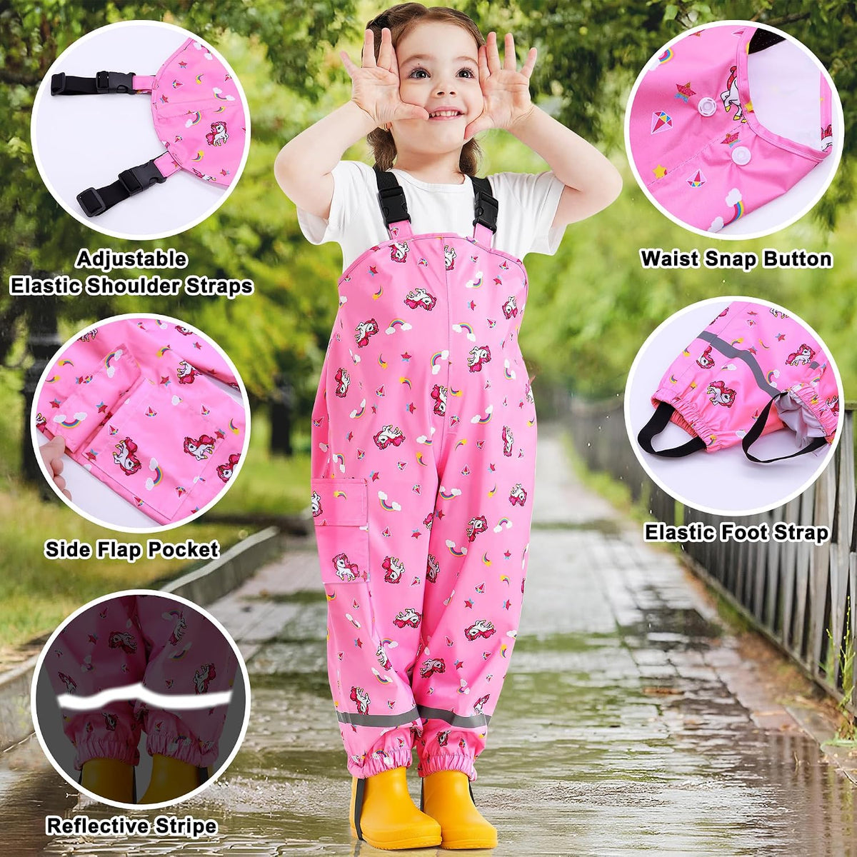 Kids Waterproof Trousers Boys Girls Rain Dungarees, 2-7 Years