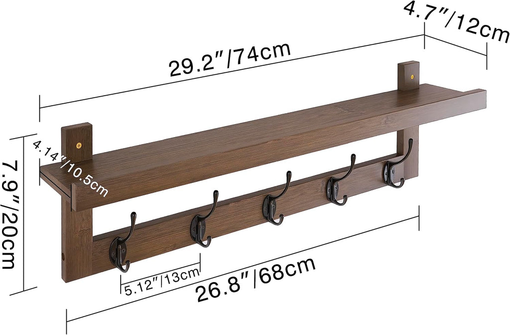Coat Rack Wall Mounted Shelf 74cm Bamboo 5 Double Hooks Storage Walnut SMIBUY