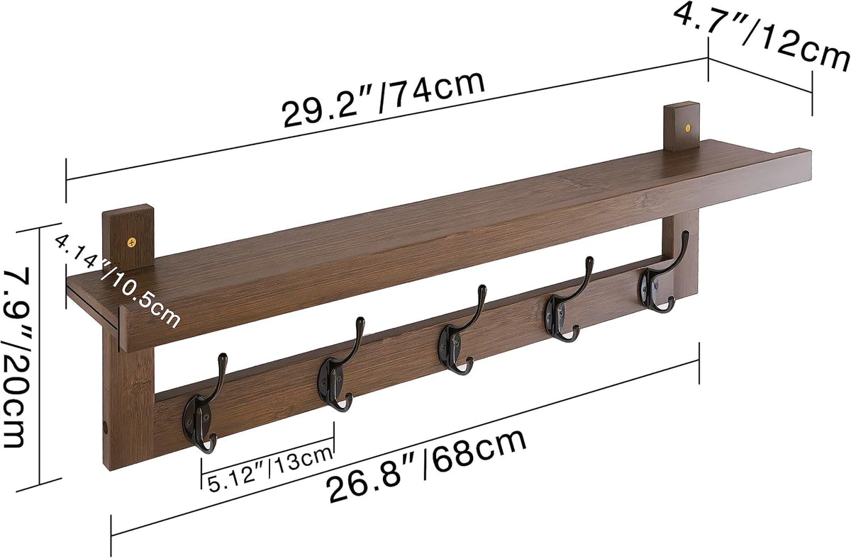 Coat Rack Wall Mounted Shelf 74cm Bamboo 5 Double Hooks Storage Walnut SMIBUY