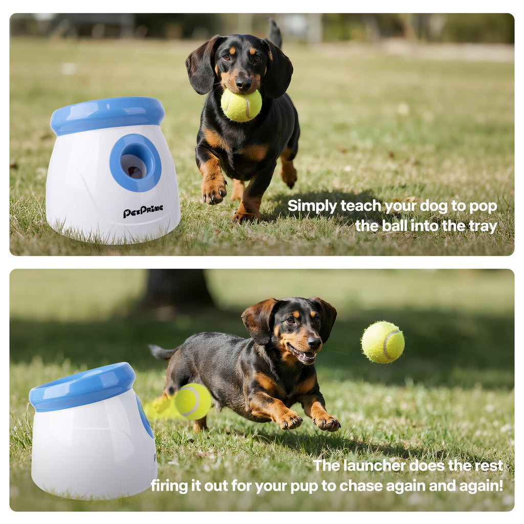 Pet Prime Automatic Dog Ball Launcher for Large Breed, Rechargeable Interactive Ball Thrower Toy with 10-40Ft, Fetch Machine with 6 Durable 2.5" Tennis Balls & Dog Whistle