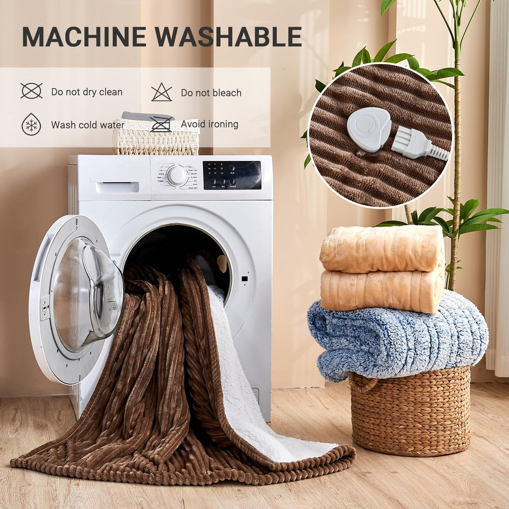 Heated Blanket Throw 130×160cm Electric Blanket, 10 Heating Settings, 1-8h Timer overheat Protection, Machine Washable, Flannel & Sherpa Full Body Warming, Electric Throw Blanket for Sofa