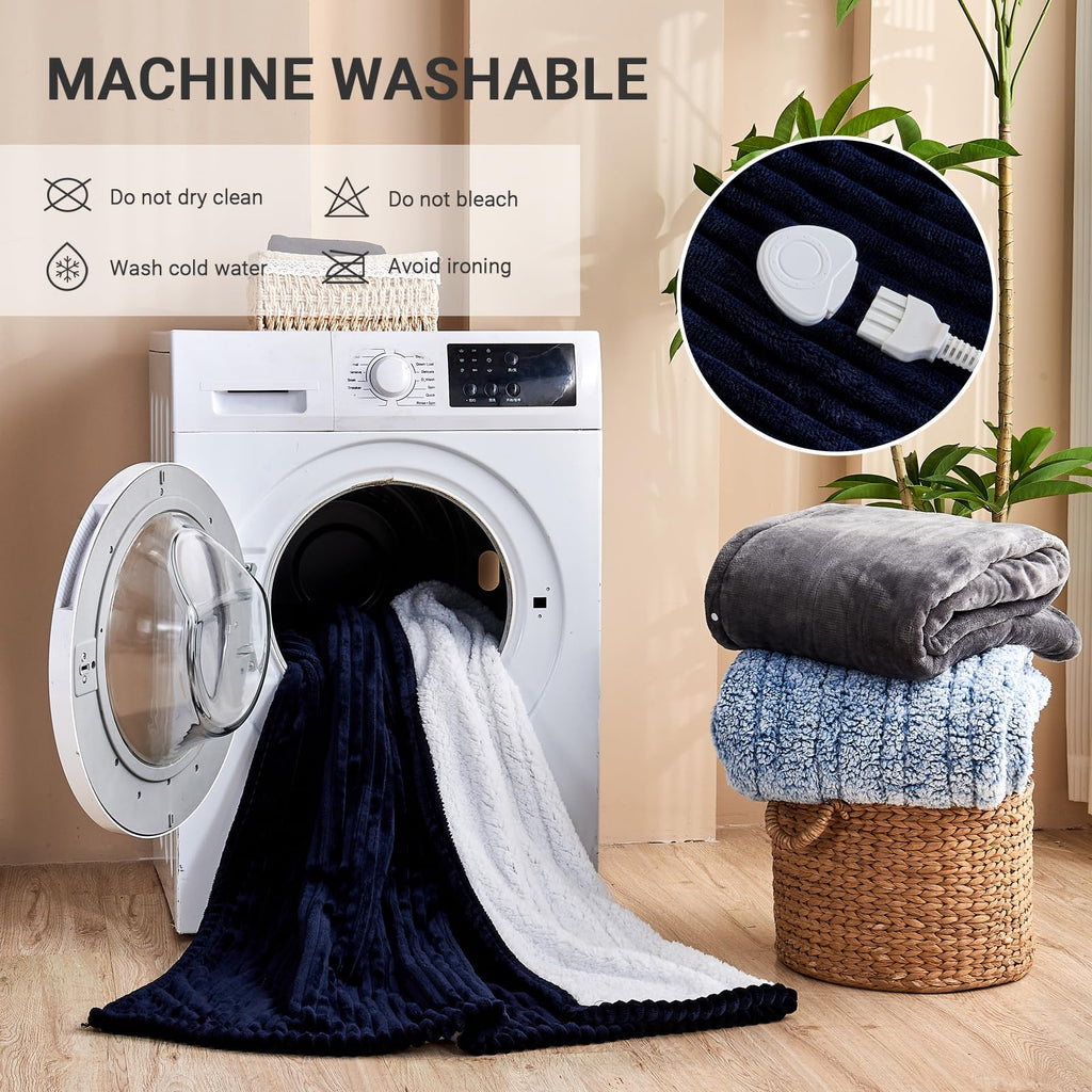 Heated Blanket Throw 130×160cm Electric Blanket, 10 Heating Settings, 1-8h Timer overheat Protection, Machine Washable, Flannel & Sherpa Full Body Warming, Electric Throw Blanket for Sofa
