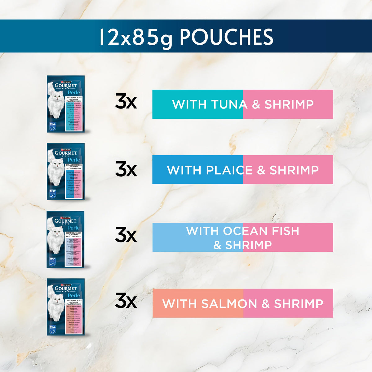 GOURMET Perle Ocean Collection Adult Wet Cat Food Mini Fillets in Gravy Tuna, Shrimp, Plaice, Salmon, White fish, Ocean Fish 40 x 85g Pouches