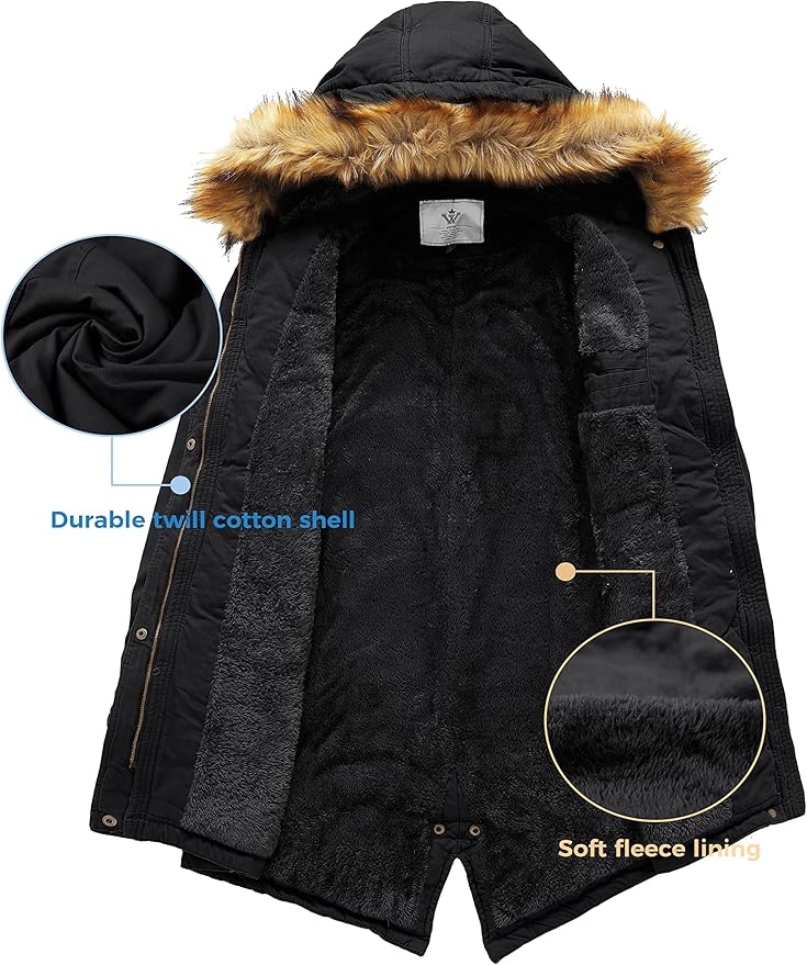 Womens Winter Fleece Coat Parka Cotton Jacket Faux Fur Hood Size XL, Black