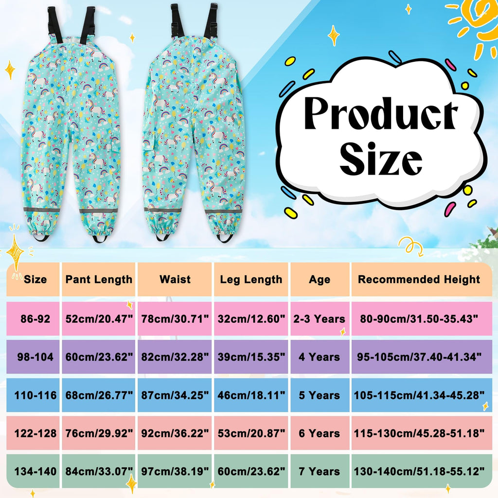 Kids Waterproof Trousers Boys Girls Rain Dungarees, 2-7 Years