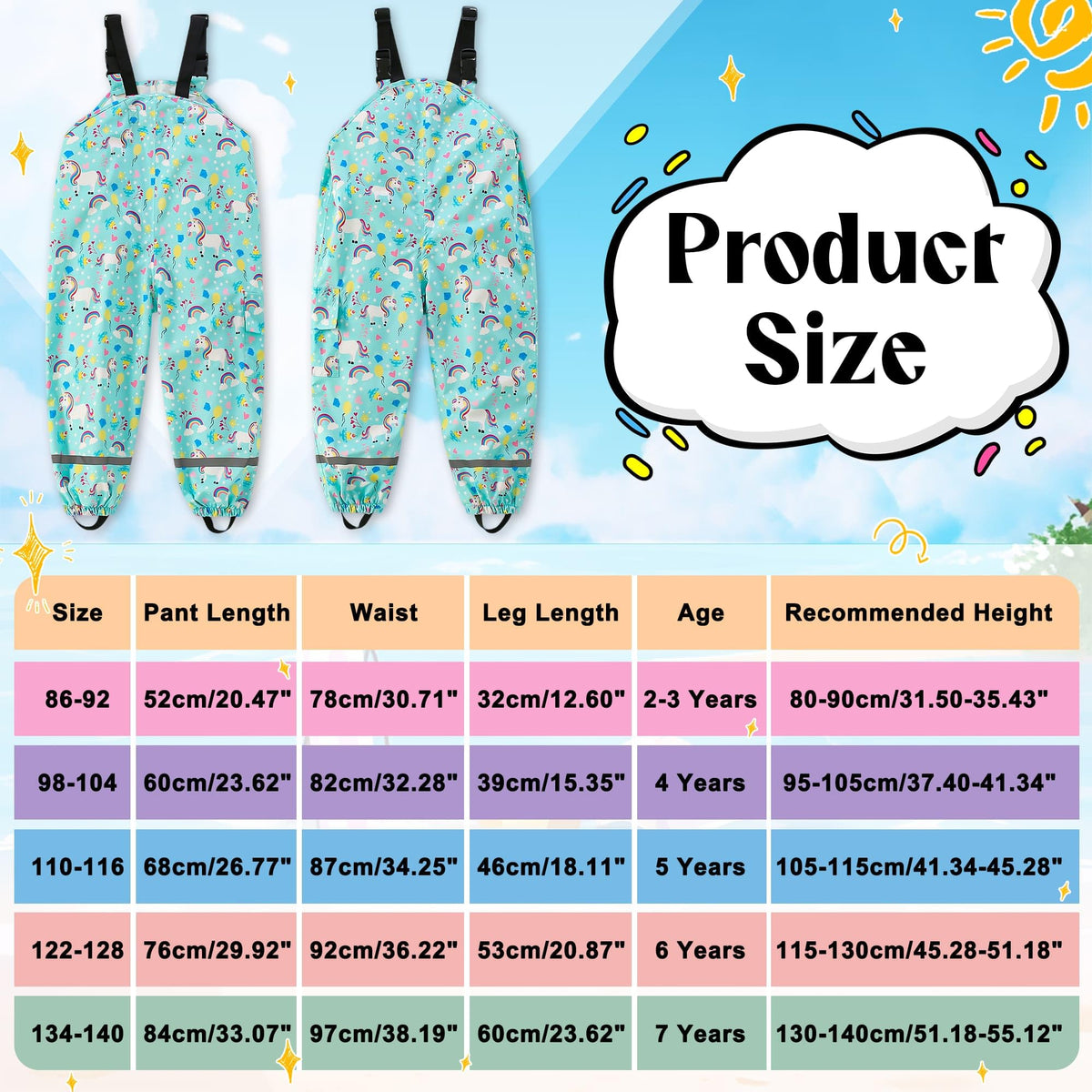 Kids Waterproof Trousers Boys Girls Rain Dungarees, 2-7 Years