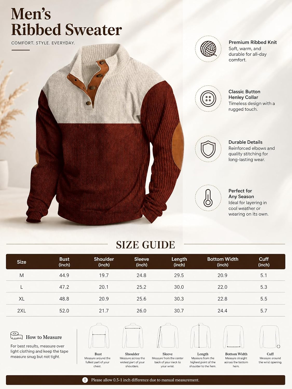Retro Colorblock Knitted Ribbed Sweater, Neutral Tones,Men's Casual Warm Stand Collar Pullover Sweater for Fall Winter,Blue