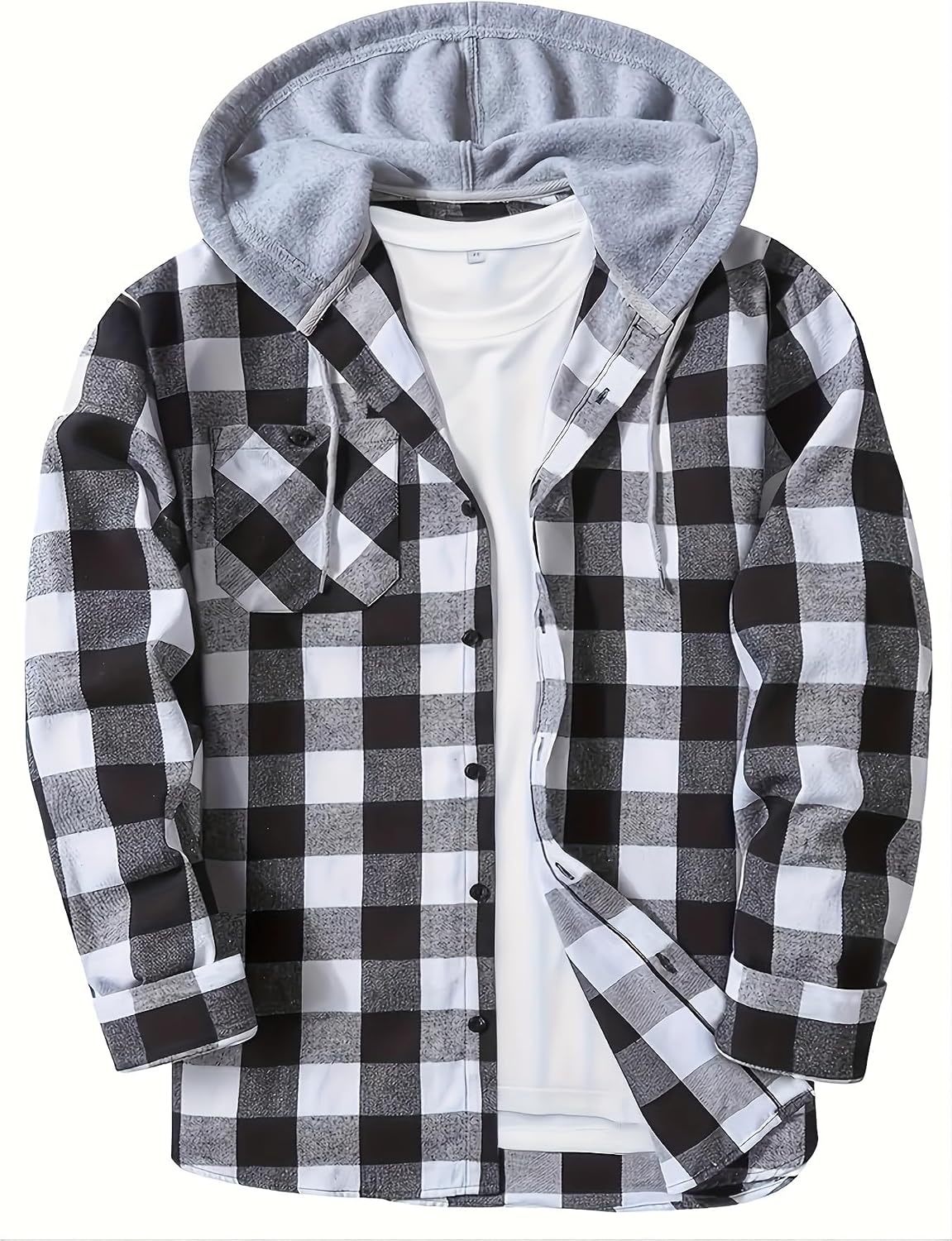 Men's Casual Plaid Hooded Shirt with Chest Pocket & Adjustable Drawstring - Stylish Long Sleeve Fall Casual Button-Up