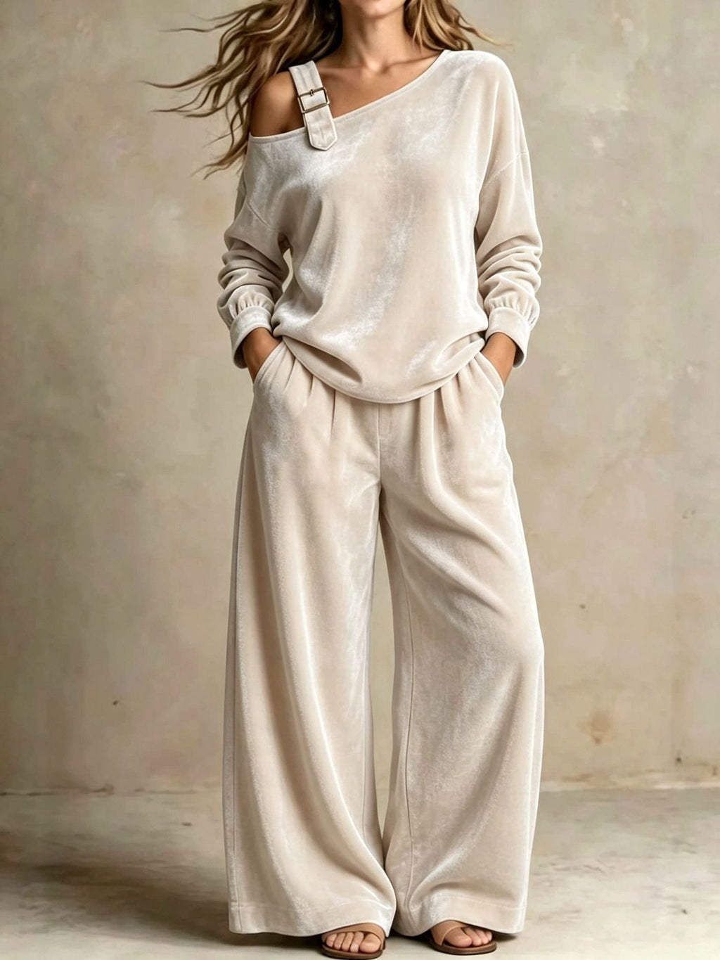 Women's Velvet Two-Piece Set - Off-Shoulder Top and Trousers Loungewear