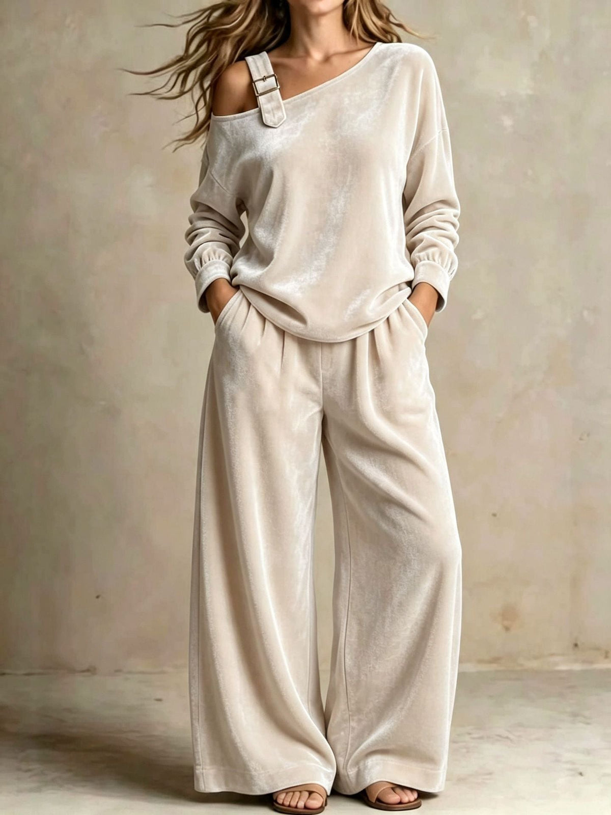 Women's Velvet Two-Piece Set - Off-Shoulder Top and Trousers Loungewear