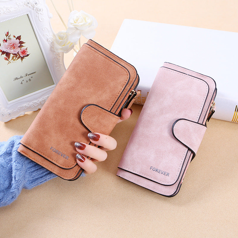 New Buckle Women's Long Wallet Three Fold Fashion Women's Bag Multi-card Women's Purse Frosted Two-tone Fabric