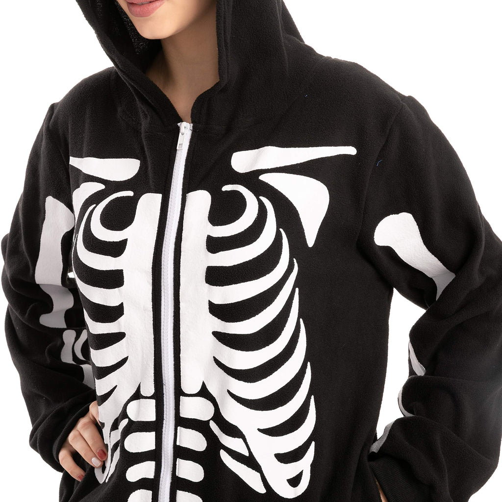 Spooktacular Creations Unisex Skeleton Jumpsuit - Plush Skeleton Zippered Halloween Hoody for Adult Sleepwear Costume