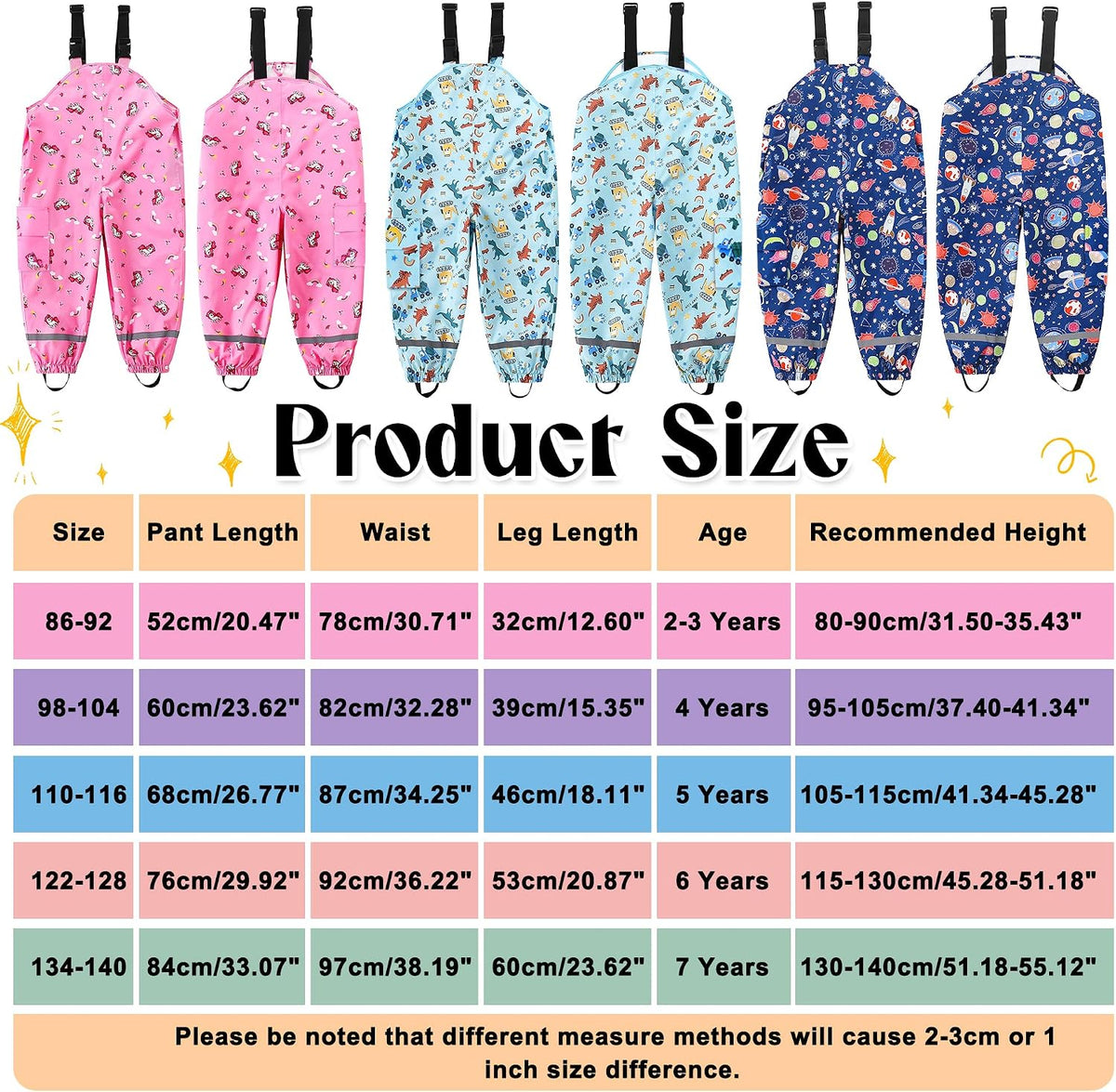 Kids Waterproof Trousers Boys Girls Rain Dungarees, 2-7 Years
