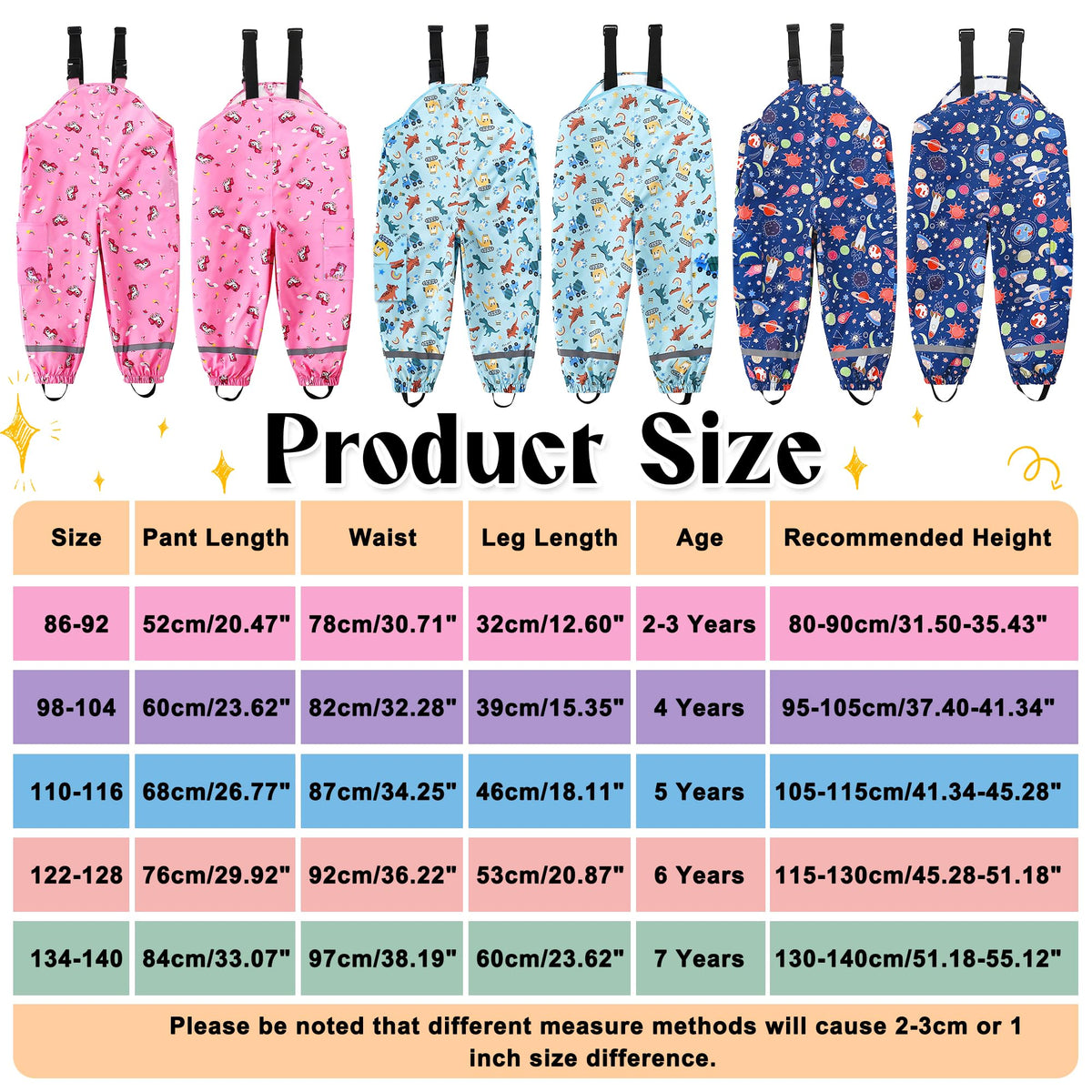 Kids Waterproof Trousers Boys Girls Rain Dungarees, 2-7 Years