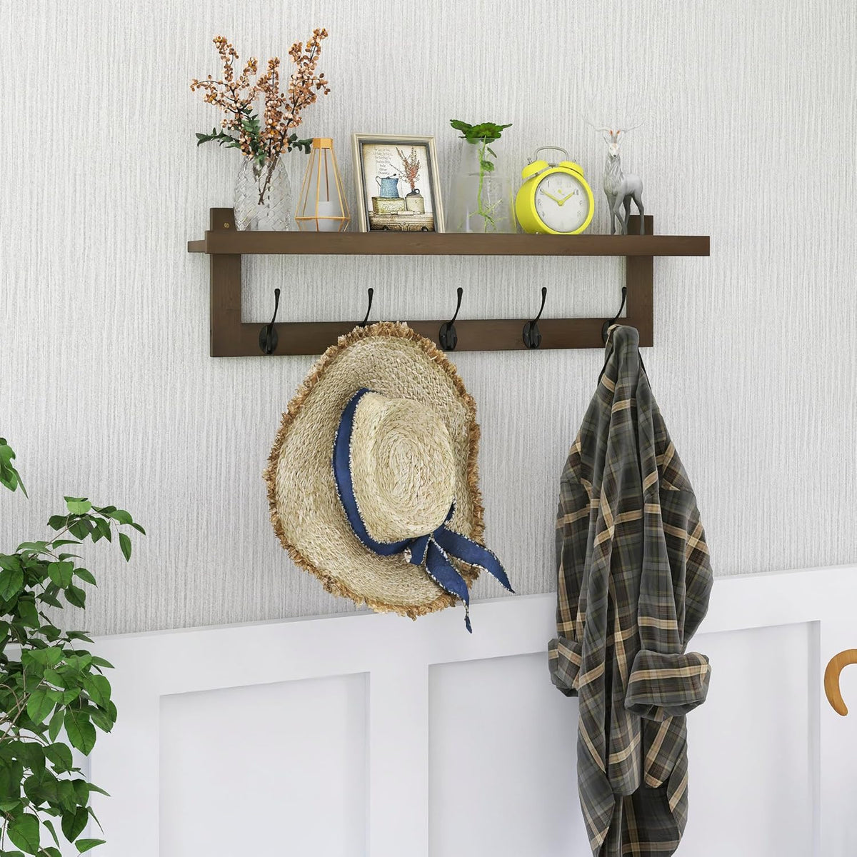 Coat Rack Wall Mounted Shelf 74cm Bamboo 5 Double Hooks Storage Walnut SMIBUY