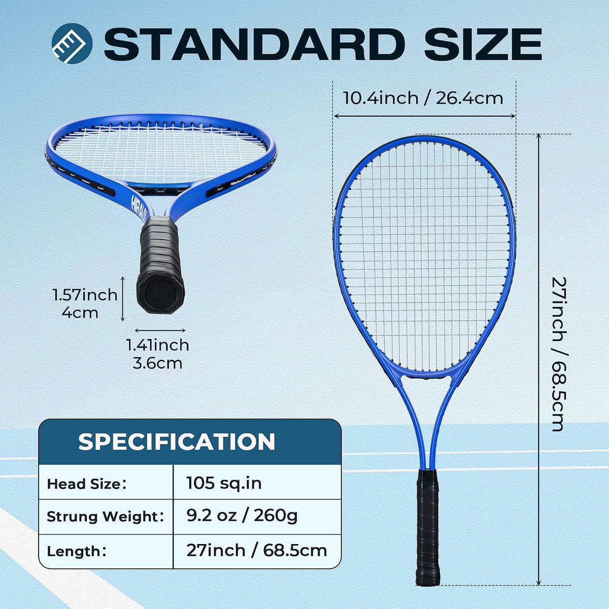 HIRALIY 27" Tennis Rackets Set of 2, 3 Tennis Balls, 2 Tennis Racquets, 2 Overgrip Tapes and 1 Carrying Bag Outdoor Recreational Sport Game