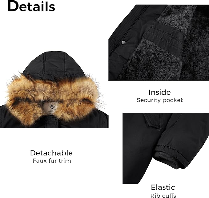 Womens Winter Fleece Coat Parka Cotton Jacket Faux Fur Hood Size XL, Black