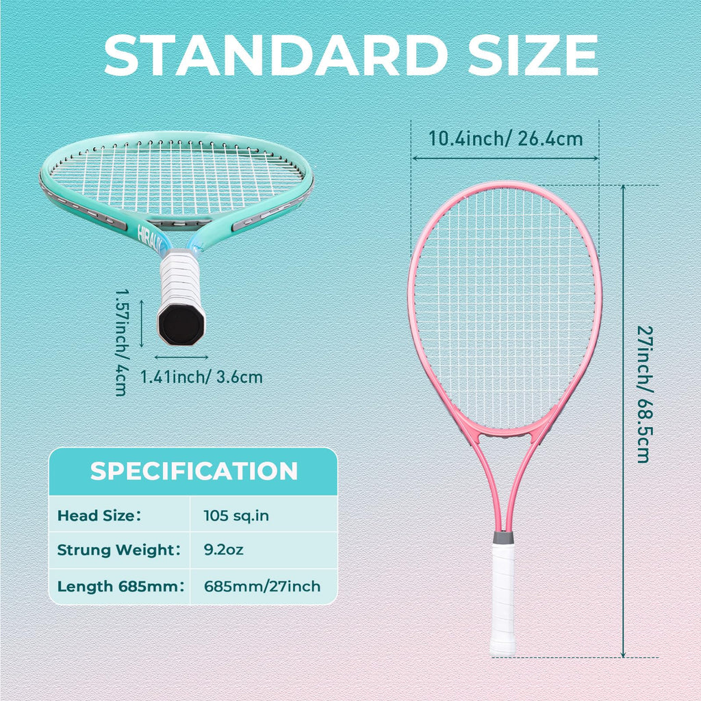HIRALIY 27" Tennis Rackets Set of 2, 3 Tennis Balls, 2 Tennis Racquets, 2 Overgrip Tapes and 1 Carrying Bag Outdoor Recreational Sport Game