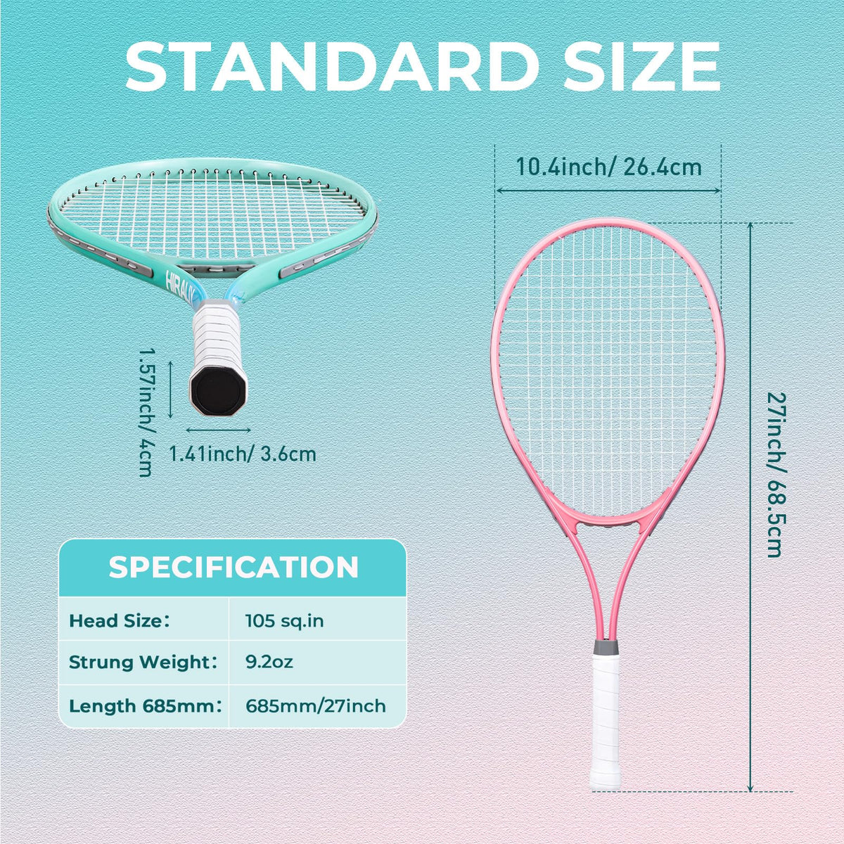 HIRALIY 27" Tennis Rackets Set of 2, 3 Tennis Balls, 2 Tennis Racquets, 2 Overgrip Tapes and 1 Carrying Bag Outdoor Recreational Sport Game