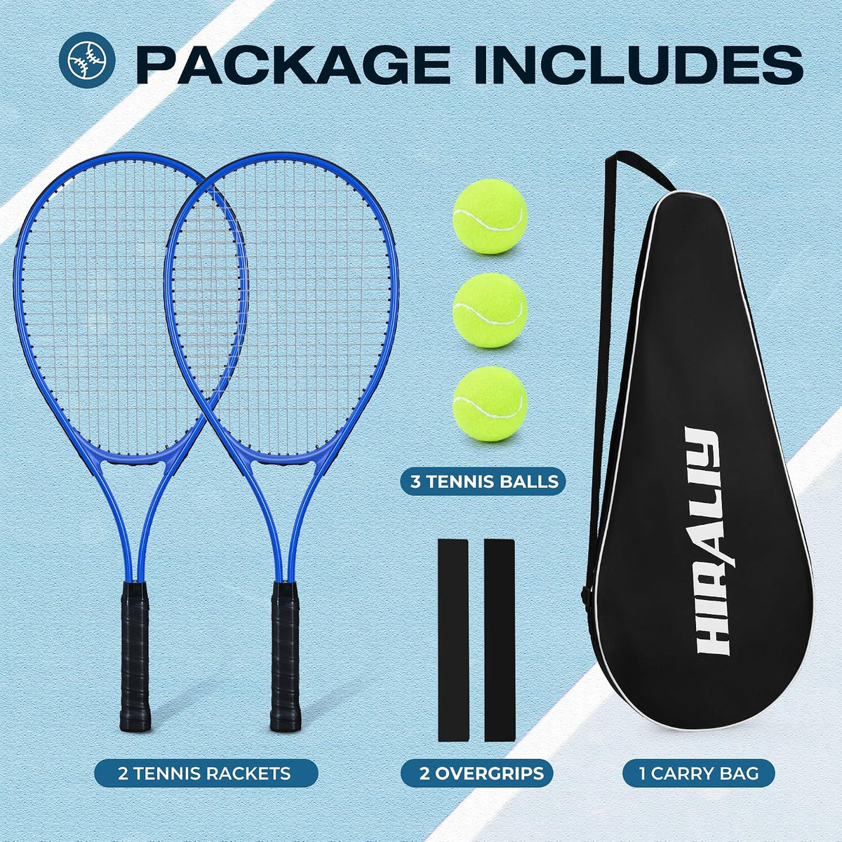HIRALIY 27" Tennis Rackets Set of 2, 3 Tennis Balls, 2 Tennis Racquets, 2 Overgrip Tapes and 1 Carrying Bag Outdoor Recreational Sport Game