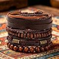 Braided Leather And Wood Bead Bracelet Set for Men Women ，Beads Cuff Bracelet Hemp Cords Ethnic Tribal，Wristband Stackable Bracelets Set Adjustable，Fashion Jewelry， Daily Wear And Party, Gift for He