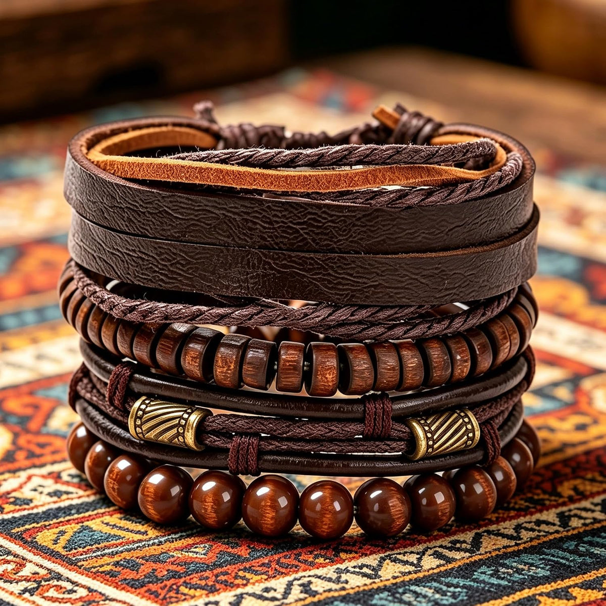 Braided Leather And Wood Bead Bracelet Set for Men Women ，Beads Cuff Bracelet Hemp Cords Ethnic Tribal，Wristband Stackable Bracelets Set Adjustable，Fashion Jewelry， Daily Wear And Party, Gift for He
