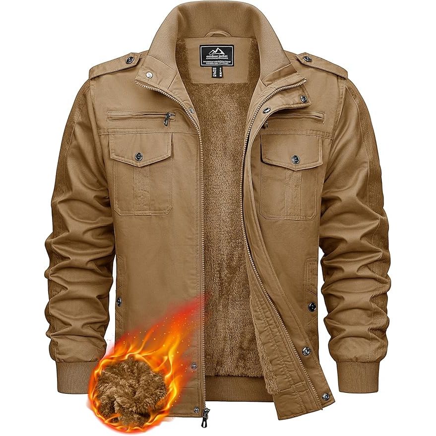 Mens Bomber Jacket Military Cargo Cotton Windbreaker Brown Size XL KEFITEVD