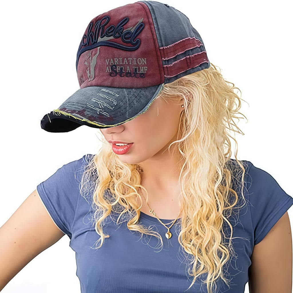 1 PCS Vintage Patchwork Letter Embroidered Baseball Cap-Denim Folded Rim Washed Sun Hat Adjustable Unisex